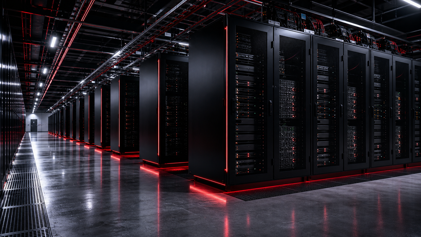 High-density AI compute server hall with red infrastructure lighting